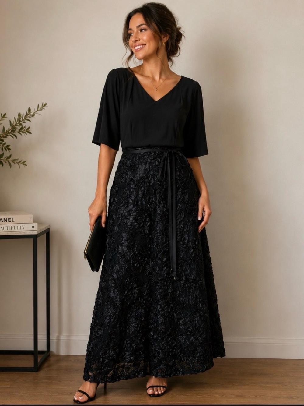 Alex Evenings Black Formal Maxi Dress Lace Skirt Size